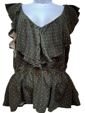 Abercrombie & Fitch Womens Ruffled Peplum Top Size L Olive White Polka Dot